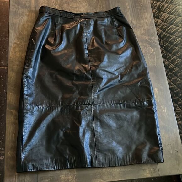 Vintage Comint Black Genuine Leather Skirt Sz- - Picture 1 of 13
